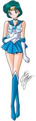 Rule 34 | 1girl, bishoujo senshi sailor moon, blue bow, blue eyes, blue footwear, blue hair, blue sailor collar, blue skirt, boots, bow, brooch, choker, earrings, elbow gloves, gloves, jewelry, knee boots, magical girl, marco albiero, matching hair/eyes, mizuno ami, pleated skirt, sailor collar, sailor mercury, short hair, signature, skirt, smile, solo, standing, tiara, white background, white gloves