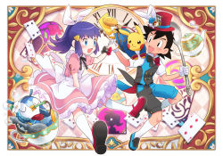 Rule 34 | 1boy, 1girl, :d, apron, ash ketchum, black hair, blue eyes, blush, buttons, card, clothed pokemon, commentary request, creatures (company), cup, dawn (pokemon), dododo dadada, dress, eye contact, game freak, gen 1 pokemon, gen 4 pokemon, hair ornament, hairclip, hand grab, hat, holding, holding spoon, knees, looking at another, mouth hold, nintendo, open mouth, pikachu, pink dress, piplup, playing card, pokemon, pokemon (anime), pokemon (creature), pokemon dppt (anime), pokemon on arm, red headwear, shoes, short sleeves, shorts, sidelocks, smile, socks, spoon, teacup, teapot, tongue, top hat, vest, white legwear