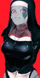 Rule 34 | 1girl, artist name, bad id, bad pixiv id, breasts, commentary request, cross, cross necklace, habit, ibuo (ibukht1015), jewelry, large breasts, long hair, long sleeves, looking at viewer, necklace, nun, original, red background, simple background, smile, solo, stitched face, stitches, v arms, white hair, zombie