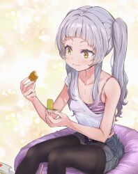 Rule 34 | absurdres, alternate costume, arched bangs, black pantyhose, blue shorts, blush, camisole, casual, chewing, chicken nuggets, commentary request, denim, denim shorts, eating, flat chest, frayed clothes, grey hair, harapeko zombie inu, highres, hololive, long hair, mcdonald&#039;s, murasaki shion, pantyhose, parted hair, purple camisole, shirt, short eyebrows, shorts, sidelocks, single-shoulder shirt, single bare shoulder, sitting, striped camisole, thighband pantyhose, virtual youtuber, white shirt, yellow eyes