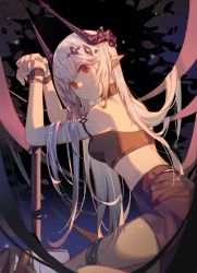 Rule 34 | 1girl, absurdres, arknights, armlet, bare shoulders, bikini, black bikini, black skirt, breasts, brown pantyhose, closed mouth, dark background, from side, hair ornament, hammer, highres, horns, huayi, kneeling, long hair, looking at viewer, looking to the side, mudrock (arknights), mudrock (silent night) (arknights), official alternate costume, own hands together, pantyhose, pointy ears, red eyes, revision, skirt, small breasts, smile, solo, swimsuit, thigh strap, very long hair