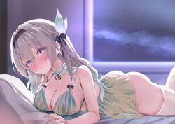 Rule 34 | 1girl, alternate costume, aqua dress, aqua nightgown, ass, bare arms, bare shoulders, black hairband, blush, breasts, cleavage, closed mouth, collarbone, commentary, dress, firefly (honkai: star rail), gmkj, grey hair, hair between eyes, hairband, highres, honkai: star rail, honkai (series), indoors, large breasts, looking at viewer, lying, night, night sky, nose blush, on bed, on stomach, paid reward available, pillow, purple eyes, skindentation, sky, smile, solo, star (sky), starry sky, thighhighs, white thighhighs