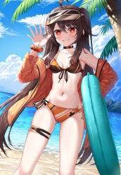 Rule 34 | 1girl, absurdres, ahoge, bare shoulders, beach, bikini, blue sky, brown hair, cloud, commentary request, day, front-tie bikini top, front-tie top, genshin impact, hand up, highres, holding, holding swim ring, hu tao (genshin impact), innertube, jacket, long hair, long sleeves, mismatched bikini, navel, ocean, off shoulder, open clothes, open jacket, orange jacket, red eyes, sky, skym (kumei), solo, standing, stomach, swim ring, swimsuit, thigh strap, thighs, twintails, very long hair, visor cap, water