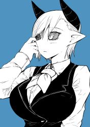 Rule 34 | 1girl, black sclera, blue background, blue theme, blush, breasts, closed mouth, collared shirt, colored sclera, demon girl, demon horns, hand on own face, hand up, highres, horns, huge breasts, limited palette, long sleeves, looking away, looking to the side, monochrome, musuko ga kawaikute shikatanai mazoku no hahaoya, neckerchief, pointy ears, shirt, short hair, simple background, slit pupils, solo, teresa (mazohaha), upper body, wing collar, zyugoya