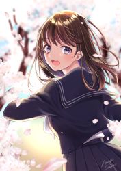 Rule 34 | 1girl, :d, amagi shino, black skirt, brown hair, cherry blossoms, from behind, highres, long hair, looking at viewer, open mouth, original, pleated skirt, purple eyes, school uniform, serafuku, signature, skirt, smile, solo