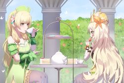 Rule 34 | 2girls, absurdres, atelier (series), atelier ayesha, ayesha altugle, bare shoulders, blonde hair, blue sky, cake, celine (fire emblem), commentary, commission, crown, cup, dress, fire emblem, fire emblem engage, food, fruit, green dress, green eyes, highres, holding, holding cup, ilsae, long hair, macaron, multiple girls, nintendo, off-shoulder dress, off shoulder, puffy short sleeves, puffy sleeves, short sleeves, sitting, sky, strawberry, teacup, teapot, tiered tray, very long hair, wrist cuffs
