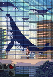 Rule 34 | 1girl, animal, backpack, bag, brown hair, building, commentary request, facing away, flying whale, highres, original, outdoors, pedestrian bridge, railing, reflection, scenery, seraphitalg, short hair, skirt, solo, traffic light, tree, whale, wide shot, window
