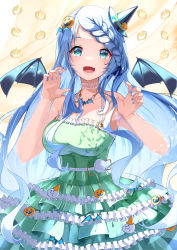 Rule 34 | 1girl, :d, absurdres, bare shoulders, bat hair ornament, bat necklace, blue eyes, blue hair, blue nails, breasts, choker, cowboy shot, dress, fangs, food-themed hair ornament, frilled dress, frills, green dress, hair ornament, hat, highres, indie virtual youtuber, kokorone hana, lace, lace choker, large breasts, long hair, looking at viewer, mini hat, mini witch hat, nail polish, open mouth, pumpkin hair ornament, risumi (taka-fallcherryblossom), skin fangs, smile, solo, spaghetti strap, very long hair, virtual youtuber, witch hat