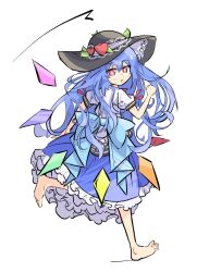 Rule 34 | 1girl, barefoot, black headwear, blue dress, blue hair, dress, highres, hinanawi tenshi, long hair, looking at viewer, one-hour drawing challenge, open mouth, primsla, red eyes, running, short sleeves, simple background, solo, touhou, white background