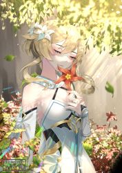 Rule 34 | 1girl, artist name, blonde hair, blush, breasts, cleavage, closed eyes, detached sleeves, dress, flower, genshin impact, hair flower, hair ornament, leaf, light smile, lumine (genshin impact), minxei, paid reward available, red flower, short hair with long locks, small breasts, solo, sunlight, white dress, white flower