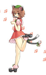 Rule 34 | 1girl, animal ears, bell, blush, bobby socks, brown hair, cat ears, cat girl, cat tail, chen, earrings, female focus, fish, full body, hat, homura subaru, jewelry, looking back, mary janes, mouth hold, multiple tails, paw pose, paw print, ribbon, shoes, short hair, simple background, skirt, socks, solo, standing, standing on one leg, tail, tail bell, tail ornament, tail ribbon, touhou