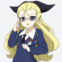 Rule 34 | 1girl, adjusting eyewear, assam (girls und panzer), bespectacled, black necktie, black ribbon, blonde hair, blue eyes, blue sweater, blush, clenched hand, commentary request, dress shirt, emblem, frown, girls und panzer, glasses, grey-framed eyewear, grey background, hair pulled back, hair ribbon, ichinose jun, light blush, long hair, long sleeves, looking at viewer, necktie, open mouth, partial commentary, ribbon, school uniform, shirt, simple background, solo, st. gloriana&#039;s (emblem), st. gloriana&#039;s school uniform, standing, sweater, upper body, v-neck, white shirt, wing collar