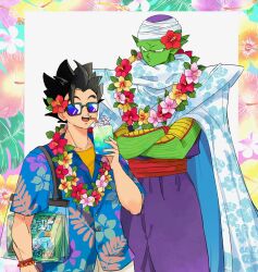 Rule 34 | 2boys, :d, bag, black-framed eyewear, black hair, blue shirt, border, bracelet, buttons, cape, closed mouth, collared shirt, colored skin, commentary request, crossed arms, cup, dougi, dragon ball, dragon ball super, drinking straw, floral border, floral print, flower, flower necklace, frown, green skin, hair flower, hair ornament, hand up, hawaiian shirt, hibiscus, highres, holding, holding cup, j ooey, jewelry, lei, looking at another, male focus, multiple boys, namekian, necklace, no eyebrows, open mouth, pants, piccolo, pointy ears, print cape, purple pants, red flower, red sash, sash, shirt, short hair, short sleeves, shoulder bag, shoulder pads, sideways glance, simple background, smile, son gohan, spiked hair, sunglasses, teeth, turban, upper teeth only, v-shaped eyebrows, white background, white cape, yellow shirt