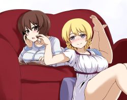 Rule 34 | 10s, 2girls, bare legs, barefoot, blonde hair, blue eyes, blue shirt, blue skirt, blush, book, braid, breast rest, breasts, brown eyes, brown hair, casual, chocolate, closed mouth, couch, darjeeling (girls und panzer), dress, food, girls und panzer, head rest, heart, holding, holding food, large breasts, long sleeves, looking at another, looking back, lying, multiple girls, nishizumi maho, on stomach, open book, parted lips, pillow, shanaharuhi, shirt, short dress, short hair, short sleeves, simple background, sitting, skirt, smile, striped clothes, striped shirt, twin braids, white background, white dress, yuri