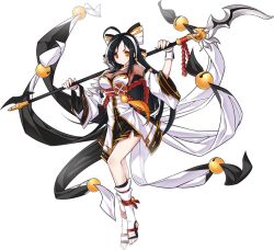 Rule 34 | 1girl, ahoge, ara haan, ara han, asura (elsword), black hair, detached sleeves, dress, elsword, full body, hair ornament, heterochromia, holding, holding weapon, long hair, looking at viewer, official art, polearm, red eyes, ress, smile, solo, transparent background, weapon, white legwear, wrist cuffs, yellow eyes