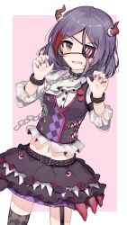 Rule 34 | 1girl, argyle, argyle clothes, argyle legwear, belt, chain, claw pose, collar, eyepatch, fang, hayasaka mirei, heart, heart eyepatch, highres, horns, idolmaster, idolmaster cinderella girls, looking at viewer, midriff, multicolored hair, nail polish, navel, open mouth, pink background, purple hair, purple nails, red hair, shirt, shone, short hair, simple background, single thighhigh, skirt, solo, streaked hair, thighhighs, two-tone hair, vest, white shirt, wristband, yellow eyes