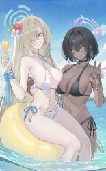 Rule 34 | 2girls, absurdres, alternate costume, alternate hairstyle, asuna (blue archive), asymmetrical bangs, bikini, black bikini, black hair, blue archive, bracelet, breasts, champagne flute, cleavage, cup, drinking glass, echj, fingernails, hair over one eye, halo, highres, holding, holding cup, jewelry, karin (blue archive), large breasts, light brown hair, long bangs, long hair, looking at viewer, multiple girls, nail polish, navel, on innertube, one eye covered, outdoors, short hair, side-tie bikini bottom, sideboob, stomach, swimsuit, very long hair, white bikini