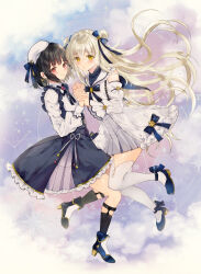 2girls aries_(symbol) black_hair black_skirt blonde_hair blue_footwear blue_ribbon blush boots closed_mouth cloud detached_sleeves dress frilled_skirt frills full_body hair_ribbon hat highres long_hair long_sleeves medium_hair mizukikushou multiple_girls ophiuchus_(zodiac) original red_eyes ribbon sagittarius_(symbol) shirt shoes skirt smile suspender_skirt suspenders thighhighs two_side_up white_dress white_hat white_shirt white_sleeves white_thighhighs yellow_eyes zodiac