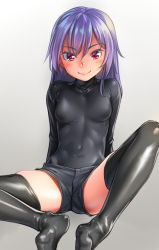 Rule 34 | 1girl, black bodysuit, black shorts, black thighhighs, blush, bodysuit, breasts, closed mouth, colored eyelashes, covered navel, denim, denim shorts, eyebrows, feet, gradient background, grey background, h kasei, hair between eyes, highres, knee up, latex, legs apart, long hair, looking at viewer, original, pink eyes, purple hair, shiny clothes, short shorts, shorts, sitting, skin tight, small breasts, smile, solo, spread legs, thighhighs