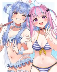 2girls @-you_(you_2023_8_16) ahoge animal_ears aqua_nails bare_shoulders bikini black_bow black_choker blue_hair blush bow breasts brown_eyes choker cleavage colored_inner_hair commentary_request cropped_legs frilled_bikini frills grin groin hair_bow hair_ornament hairclip highres holding hololive long_hair medium_breasts minato_aqua multicolored_hair multiple_girls navel one_eye_closed open_mouth pink_hair purple_eyes rabbit_ears rabbit_girl sidelocks silver_choker simple_background small_breasts smile striped_bikini striped_clothes swimsuit thick_eyebrows usada_pekora v virtual_youtuber