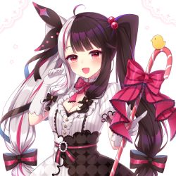 Rule 34 | 1girl, blush, breasts, candy, candy cane, cleavage, food, gloves, hair ornament, hair ribbon, long hair, looking at viewer, medium breasts, multicolored hair, nijisanji, red eyes, ribbon, sanotsuki, solo, split-color hair, twintails, two-tone background, v, virtual youtuber, yorumi rena, yorumi rena (1st costume)