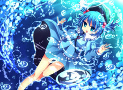 Rule 34 | 1girl, bad id, bad pixiv id, bare legs, barefoot, blue hair, bubble, dress, hair bobbles, hair ornament, hands up, hat, kawashiro nitori, key, legs, light rays, long sleeves, open mouth, pocket, shimotsuki eri, shirt, short hair, skirt, skirt set, smile, solo, sunbeam, sunlight, touhou, twintails, two side up, underwater, wet, wet clothes