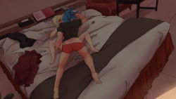 Rule 34 | 2boys, absurdres, androgynous, asymmetrical hair, aus vaka, barefoot, bed, bedroom, blue hair, blush, clothed male nude male, couch, galo thymos, green hair, highres, jacket, unworn jacket, lio fotia, lying, m legs, male focus, male underwear, mohawk, multiple boys, nude, on back, on bed, open mouth, phone, promare, red male underwear, shirt, short hair, sidecut, spiked hair, table, tissue box, undercut, underwear, yaoi