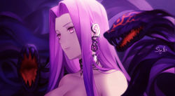Rule 34 | 1girl, breasts, choker, cleavage, collarbone, earrings, expressionless, fate/grand order, fate (series), forehead, gorgon (fate), highres, jewelry, large breasts, lips, long hair, looking to the side, medusa (fate), medusa (rider) (fate), nose, purple eyes, purple hair, rider, sharp teeth, signature, siya ho, snake, snake earrings, sparkle, teeth, upper body, very long hair