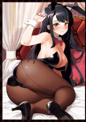 Rule 34 | 1girl, animal ears, arm up, armpits, ass, bare shoulders, bed, black footwear, black hair, black hairband, black leotard, bow, bowtie, breasts, brown pantyhose, cameltoe, canopy bed, cleavage, closed mouth, crotch seam, detached collar, fake animal ears, fake tail, hairband, high heels, highres, kaisen chuui, large breasts, latex, leotard, long hair, looking at viewer, looking back, lying, on bed, on side, original, pantyhose, pillow, playboy bunny, rabbit ears, rabbit tail, reclining, sidelocks, solo, strapless, strapless leotard, tail, wavy mouth, wrist cuffs, yellow eyes