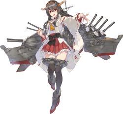 Rule 34 | 1girl, bare shoulders, black hair, breasts, brown eyes, brown hair, dazzle paint, detached sleeves, hair ornament, hairband, hairclip, haruna (kancolle), headgear, highres, japanese clothes, kantai collection, konishi (koconatu), large breasts, long hair, looking at viewer, nontraditional miko, official art, open mouth, ribbon-trimmed sleeves, ribbon trim, skirt, smile, solo, thighhighs