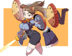 Rule 34 | 10s, 1girl, ass, beam saber, belt, bike shorts, breasts, brown eyes, brown hair, closed mouth, commentary request, frilled sleeves, frills, gundam, gundam build fighters, gundam build fighters try, gyan, hair ornament, holding, holding shield, holding weapon, hyper gyanko, large breasts, long hair, looking at viewer, mecha, mecha musume, neckerchief, robot, sazaki kaoruko, shield, shiny clothes, smile, solo, thighhighs, twintails, walking, weapon, white thighhighs, yabe makoto