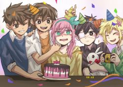 Rule 34 | 1girl, 4boys, alternate costume, animal, artist name, aubrey (faraway) (omori), aubrey (omori), basil (faraway) (omori), basil (omori), black eyes, black hair, black shirt, blue sweater, blush, bright pupils, brown eyes, brown hair, cake, camera, closed eyes, collarbone, collared shirt, confetti, dark-skinned male, dark skin, dated, eyepatch, facing another, flower, food, green eyes, grin, hair flower, hair ornament, hairband, happy birthday, hat, hero (faraway) (omori), hero (omori), highres, hiyon (sun hiyon), holding, holding animal, holding camera, holding plate, hood, hoodie, kel (faraway) (omori), kel (omori), long hair, long sleeves, looking at another, multiple boys, omori, one eye closed, open mouth, parted lips, party hat, pink hair, plate, rabbit, shirt, short hair, short sleeves, smile, spoilers, sunny (omori), sweater, teeth, upper teeth only, white pupils, white shirt, yellow hoodie