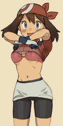 Rule 34 | 1girl, 2equal8, :d, bandana, bike shorts, bikini, bikini under clothes, blue eyes, blush, breast padding, brown hair, cameltoe, cowboy shot, creatures (company), female focus, game freak, gloves, highres, lifting own clothes, looking at viewer, may (pokemon), navel, nintendo, open mouth, pencil skirt, pokemon, pokemon rse, red bikini, shorts, shorts under skirt, simple background, skirt, smile, solo, swimsuit, undressing, white skirt