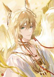Rule 34 | 1boy, alkaid mcgrath, animal ears, bird, blonde hair, chinese clothes, dangle earrings, earclip, earrings, eyeliner, fox boy, fox ears, fox tail, gold collar, gold earrings, gold necklace, green eyes, hair between eyes, hanfu, implied extra ears, jewelry, kemonomimi mode, long sleeves, looking at viewer, lovebrush chronicles, makeup, male focus, medium hair, mountain, necklace, parted lips, plunging neckline, red eyeliner, red ribbon, ribbon, robe, sideways glance, smile, solo, tail, upper body, white robe, xuedaixun