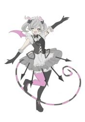 Rule 34 | 1girl, arianne the labrynth servant, black gloves, bow, demon girl, demon horns, demon tail, dress, duel monster, frilled dress, frilled gloves, frills, gloves, grey hair, hair bow, highres, horns, maid, one eye closed, pink eyes, pink tail, pink wings, pointy ears, short hair, short sleeves, side ponytail, simple background, solo, standing, standing on one leg, striped tail, tail, toba (toba game), white background, wings, yu-gi-oh!