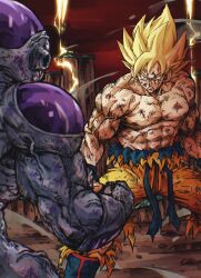Rule 34 | 2boys, abs, alien, back, bald, battle damage, blonde hair, blood, blood on arm, blood on chest, blood on face, blue footwear, blue sash, boots, collarbone, dragon ball, dragonball z, dust, frieza, green eyes, hashagu, highres, injury, large pectorals, lightning, looking at another, male focus, multiple boys, muscular, muscular male, obi, orange pants, pants, parted lips, pectorals, purple blood, red sky, sash, sky, son goku, spiked hair, super saiyan, super saiyan 1, topless male, torn clothes, veins