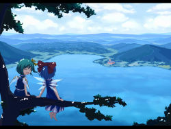Rule 34 | 2girls, ^ ^, arm support, back, barefoot, cirno, daiyousei, closed eyes, from behind, gensokyo, happy, in tree, lake, landscape, letterboxed, multiple girls, no nose, scarlet devil mansion, scenery, sitting, sitting in tree, embodiment of scarlet devil, touhou, tree, tsuyuki, tsuyuki (yukitgraph), wallpaper, wings