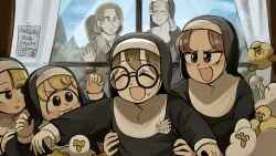 6+girls :d aged_down bird blonde_hair blue_eyes brown_eyes brown_hair chicken closed_eyes clumsy_nun_(diva) commentary diva_(hyxpk) duck english_commentary english_text glasses glasses_nun&#039;s_aunt_(diva) glasses_nun&#039;s_mother_(diva) glasses_nun_(diva) highres hungry_nun_(diva) little_nuns_(diva) multiple_girls nun open_mouth round_eyewear smile spicy_nun_(diva) traditional_nun yellow_eyes