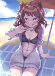 1girl abs absurdres beach beach_umbrella bikini black_bikini blue_eyes blush brown_hair food gakuen_idolmaster hanami_saki highres holding holding_food holding_popsicle idolmaster jacket jacket_over_swimsuit long_hair looking_at_viewer melting_popsicle michikusa_(jrnh4877) navel popsicle solo sweat swimsuit tongue tongue_out two_side_up umbrella unzipped