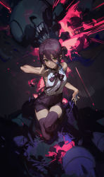 Rule 34 | 1girl, bare shoulders, black hair, black ribbon, black shorts, black thighhighs, blood, blood on clothes, blood on face, blouse, blue blood, chainsaw man, ciloranko, colored blood, explosion, from above, full body, hair between eyes, hand up, highres, looking at viewer, neck ribbon, reze (chainsaw man), ribbon, shirt, short hair, shorts, sleeveless, sleeveless shirt, smile, solo, spoilers, thighhighs, white shirt