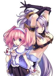Rule 34 | 2girls, agarest senki, agarest senki (series), agarest senki 2, armband, arms up, back-to-back, bdsm, belt, belt bra, blush, bondage, bound, bow, breasts, capelet, chain, chair, cleavage, collar, crop top, detached sleeves, dress, elbow gloves, elf, eva (agarest senki), fiona (agarest senki), flat chest, frills, gloves, hair ornament, hairband, hirano katsuyuki, large breasts, leash, long hair, midriff, multiple girls, official art, open mouth, pink hair, pointy ears, ponytail, purple eyes, purple hair, ribbon, short dress, silver hair, simple background, slave, standing, strap, twintails, very long hair