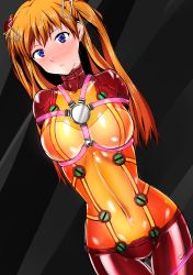 Rule 34 | 1girl, absurdres, arms behind back, artist request, bdsm, blue eyes, blush, bodysuit, bondage, bound, breasts, brown hair, covered navel, hair between eyes, hair ornament, highres, interface headset, long hair, looking at viewer, medium breasts, neon genesis evangelion, plugsuit, shiny clothes, skin tight, solo, souryuu asuka langley, standing, test plugsuit, twintails, two side up, upper body, very long hair