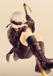 Rule 34 | 1boy, android, artist name, black gloves, blindfold, boots, choker, gloves, light frown, male focus, nier (series), nier:automata, noeyebrow (mauve), shorts, silver hair, solo, sword, weapon, 9s (nier:automata)