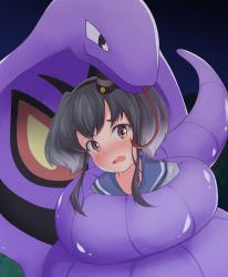 Rule 34 | 1girl, arbok, black hair, blue background, blue sailor collar, blush, bound, constriction, creatures (company), crossover, game freak, gen 1 pokemon, gradient hair, grey hair, hairband, hat, highres, houki (tonburi), kantai collection, mini hat, multicolored hair, nintendo, open mouth, pokemon, pokemon (creature), sailor collar, short hair with long locks, simple background, tokitsukaze (kancolle), tongue