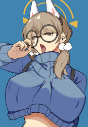 Rule 34 | 1girl, animal ears, blue archive, blue background, blue sweater, breasts, brown eyes, brown hair, glasses, guutara (guutara47), hand up, highres, large breasts, looking at viewer, moe (blue archive), rabbit ears, simple background, solo, sweater, tongue, tongue out, upper body