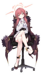 Rule 34 | 1girl, absurdres, anklet, aru (blue archive), black skirt, blue archive, blush, breasts, brown coat, chair, closed mouth, coat, coat on shoulders, collared shirt, crossed legs, full body, gloves, halo, head tilt, high-waist skirt, highres, horns, jewelry, long hair, long sleeves, looking at viewer, miniskirt, neck ribbon, office chair, pink hair, platform footwear, platform heels, ribbon, shirt, shirt tucked in, side slit, simple background, sitting, skirt, small breasts, smile, solo, sweatdrop, swivel chair, toshizou (0714), white background, white gloves, white shirt, yellow eyes