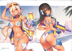 Rule 34 | 2girls, absurdres, ahoge, ass, asura archer aoi, asura ninja aoi, bare shoulders, bikini, black hair, blonde hair, blush, bracelet, breasts, brown eyes, cleavage, closed mouth, goggles, goggles on head, hair ornament, hairclip, hand up, highleg, highleg swimsuit, highres, holding, jacket, jewelry, large breasts, lips, long hair, looking at viewer, low twintails, medium breasts, megami device, multiple girls, navel, nidy, ocean, one-piece swimsuit, one eye closed, open clothes, open jacket, outdoors, page number, parted lips, scan, shiny skin, simple background, sleeveless, sleeveless jacket, smile, stomach, swimsuit, tan, thigh strap, twintails, water, water gun