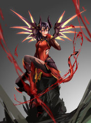 Rule 34 | 1girl, black hair, blood, blood splatter, bodysuit, breasts, dark persona, demon horns, demon tail, devil mercy, facial mark, finger to mouth, forehead mark, full body, gloves, glowing, gradient background, grey background, highres, horns, iceky, light smile, lips, looking at viewer, mechanical wings, mercy (overwatch), nose, official alternate costume, orange wings, overwatch, overwatch 1, pantyhose, ponytail, purple eyes, sitting, small breasts, solo, spread wings, tail, torn bodysuit, torn clothes, torn pantyhose, wings