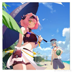 Rule 34 | 1boy, 1girl, absurdres, arknights, ball, bare shoulders, beach, beachball, beret, black collar, black umbrella, blue bow, blue hair, blue headwear, blue sky, border, bow, braid, breasts, carrying, carrying under arm, chair, closed mouth, cloud, collar, day, flower, flower necklace, goldenglow (arknights), grey male swimwear, hair between eyes, hair bow, hair over shoulder, hat, highres, holding, holding ball, holding umbrella, jewelry, lei, long hair, lounge chair, male swimwear, medium breasts, miao tang yu panduola he, mizuki (arknights), necklace, open clothes, open shirt, orange eyes, outdoors, parasol, pink hair, purple eyes, red flower, sand, see-through, shirt, short shorts, short sleeves, shorts, single braid, sky, smile, swim trunks, umbrella, water, watermark, watermelon beachball, white border, white flower, white shirt, white shorts, yellow flower