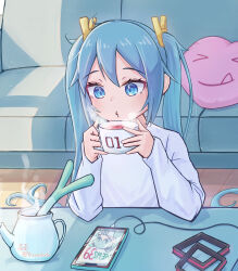 Rule 34 | 1girl, 39, blue eyes, blue hair, cable, cellphone, couch, cup, elbow rest, hatsune miku, heart, heart-shaped pillow, highres, holding, holding cup, long hair, long sleeves, mug, phone, pillow, pursed lips, sitting, smartphone, solo, spring onion, steam, table, tea, teacup, twintails, unworn hair ornament, very long hair, vocaloid, yasuno-labo